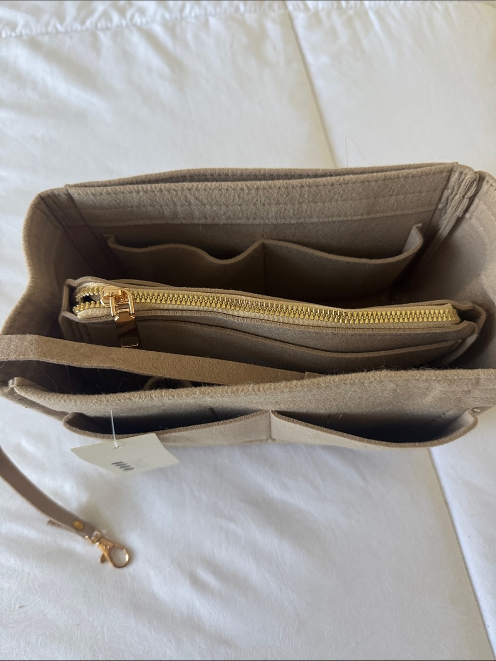 Beige Insert Organizer with Exterior Pockets and Gold Hardware - Picture 3 of 4